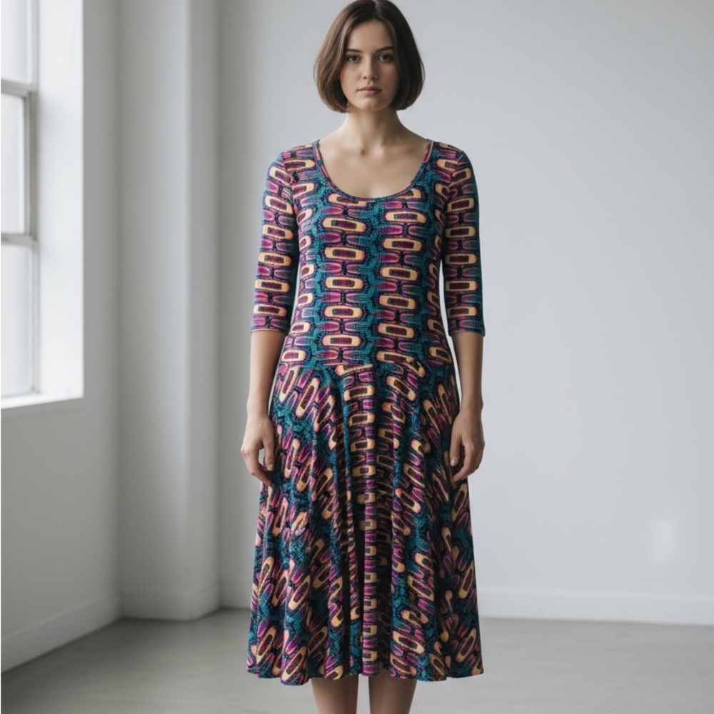 NWT LuLaRoe Vibrant Geometric Midi Dress in Pink, Teal, Navy & Yellow size 2XL